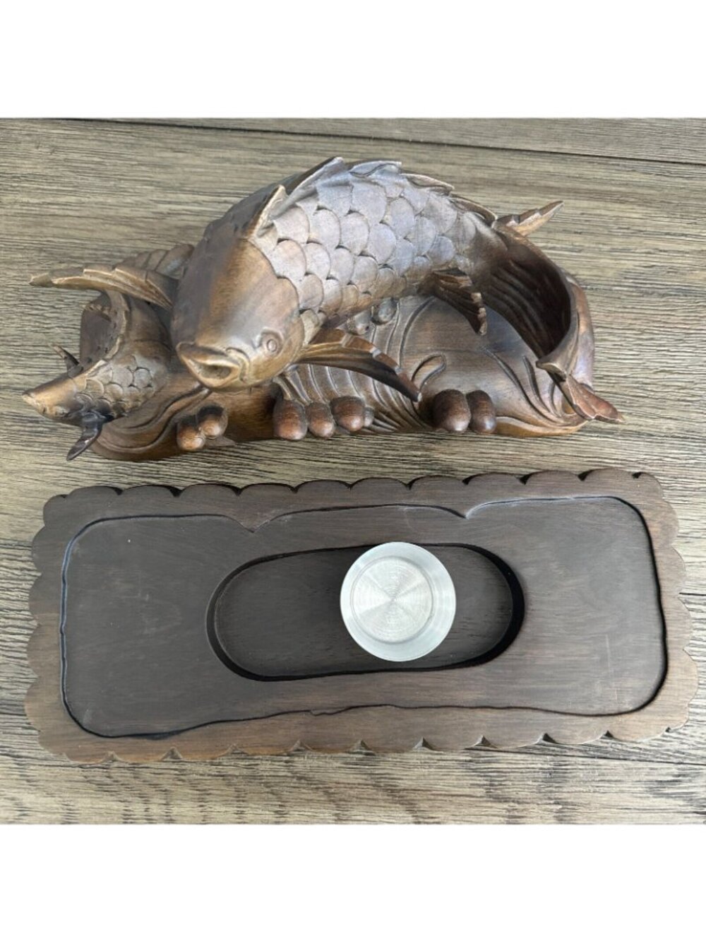 Smoking Carp Leaping Over The Dragon Gate Boxwood Hand Carved Vtg Decor Candle - Picture 6 of 16